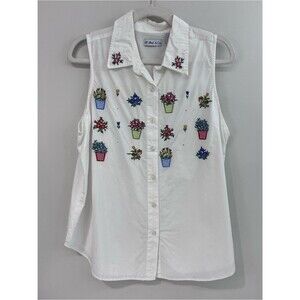 Vintage 90s Embroidered Floral white sleeveless button-down shirt At Last & Co